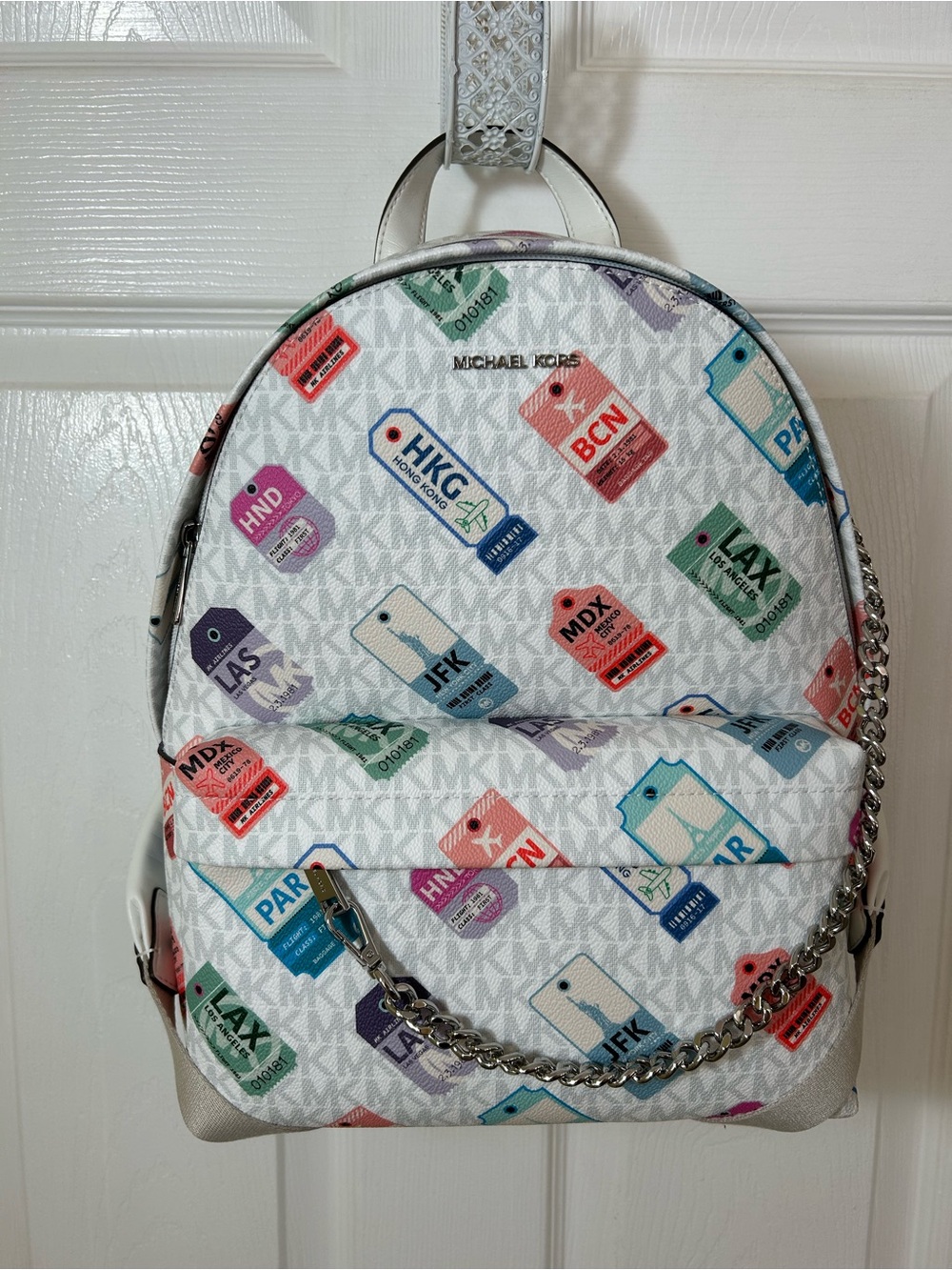 Michael Kors White Passport Print Backpack